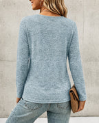 Pleated V-Neck Long-Sleeve Top with Button Detail