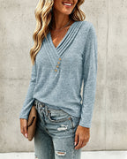 Pleated V-Neck Long-Sleeve Top with Button Detail
