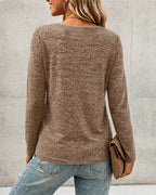 Pleated V-Neck Long-Sleeve Top with Button Detail