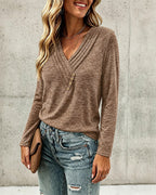 Pleated V-Neck Long-Sleeve Top with Button Detail