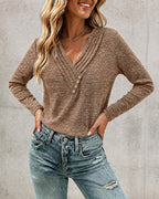 Pleated V-Neck Long-Sleeve Top with Button Detail