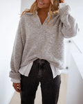 Rib-Knit Polo Sweater with V Neck and Drop Shoulder - Gray