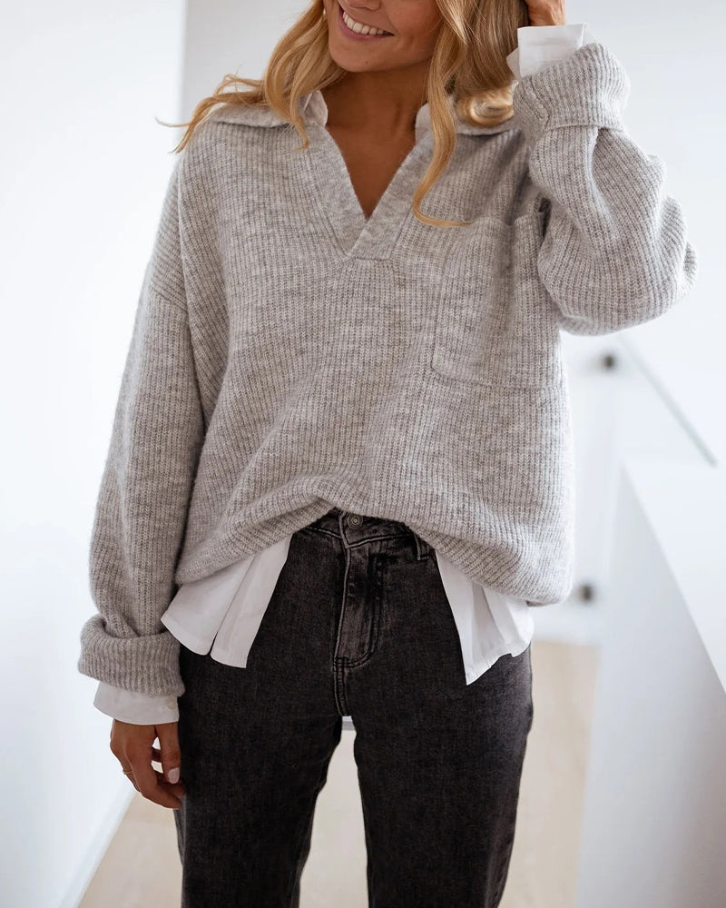 Rib-Knit Polo Sweater with V Neck and Drop Shoulder - Gray