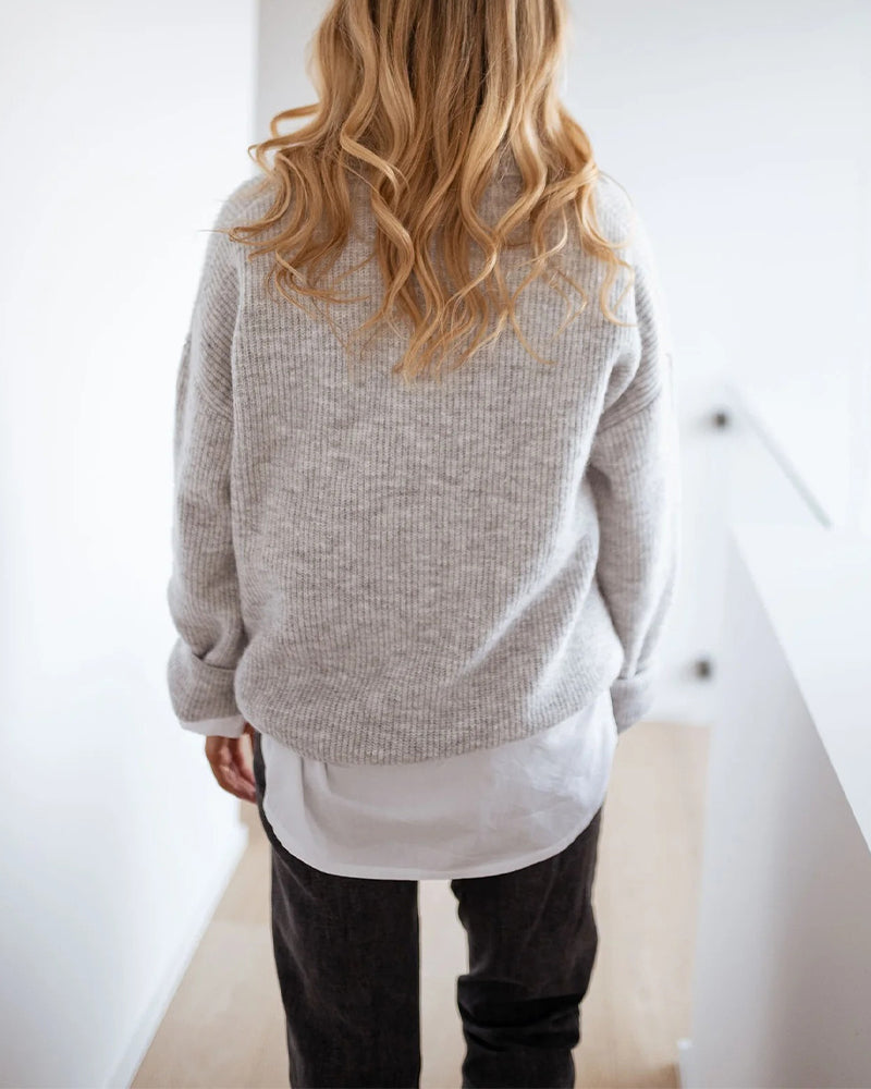 Rib-Knit Polo Sweater with V Neck and Drop Shoulder - Gray