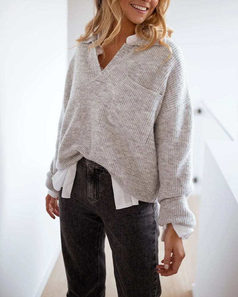 Rib-Knit Polo Sweater with V Neck and Drop Shoulder - Gray