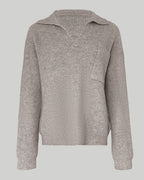 Rib-Knit Polo Sweater with V Neck and Drop Shoulder - Gray