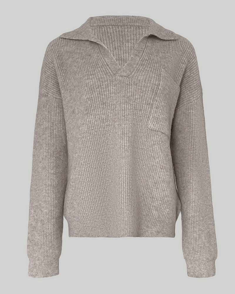 Rib-Knit Polo Sweater with V Neck and Drop Shoulder - Gray