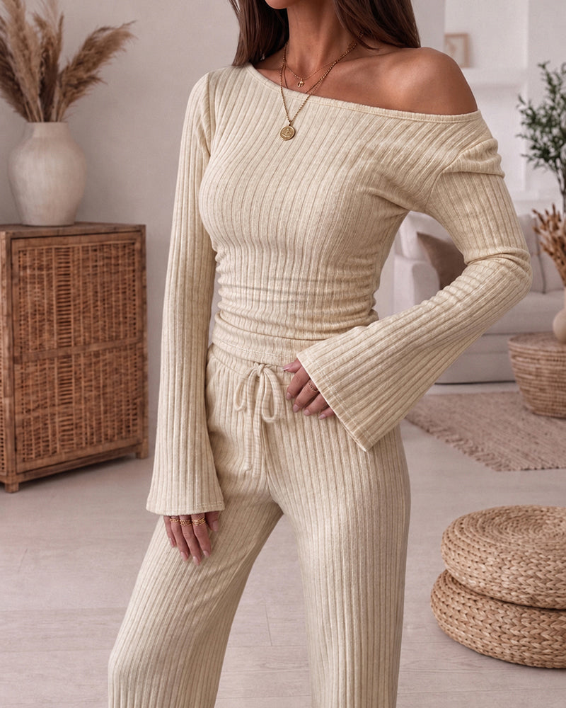 Ribbed Knit Boat-Neck Top and Wide-Leg Trouser Set - Apricot