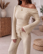 Ribbed Knit Boat-Neck Top and Wide-Leg Trouser Set - Apricot