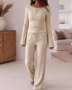 Ribbed Knit Boat-Neck Top and Wide-Leg Trouser Set - Apricot