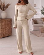 Ribbed Knit Boat-Neck Top and Wide-Leg Trouser Set - Apricot