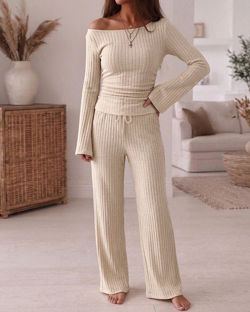 Ribbed Knit Boat-Neck Top and Wide-Leg Trouser Set - Apricot