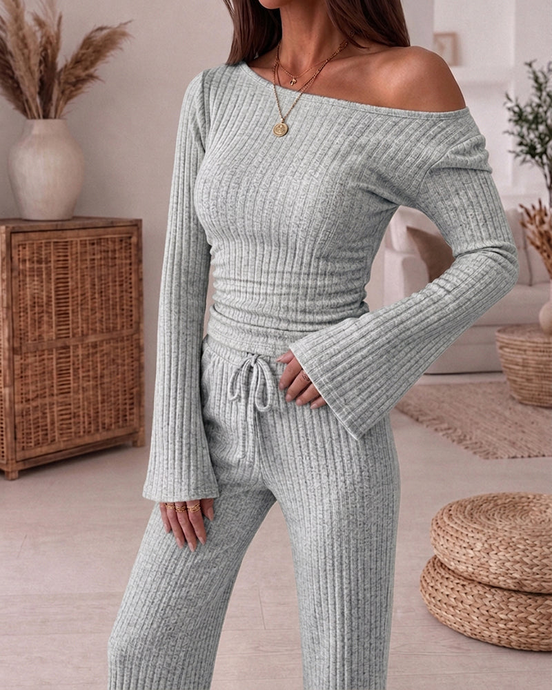 Ribbed Knit Boat-Neck Top and Wide-Leg Trouser Set - Apricot