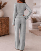 Ribbed Knit Boat-Neck Top and Wide-Leg Trouser Set - Apricot