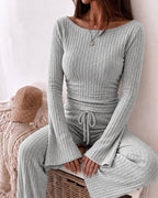Ribbed Knit Boat-Neck Top and Wide-Leg Trouser Set - Apricot