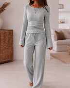 Ribbed Knit Boat-Neck Top and Wide-Leg Trouser Set - Apricot
