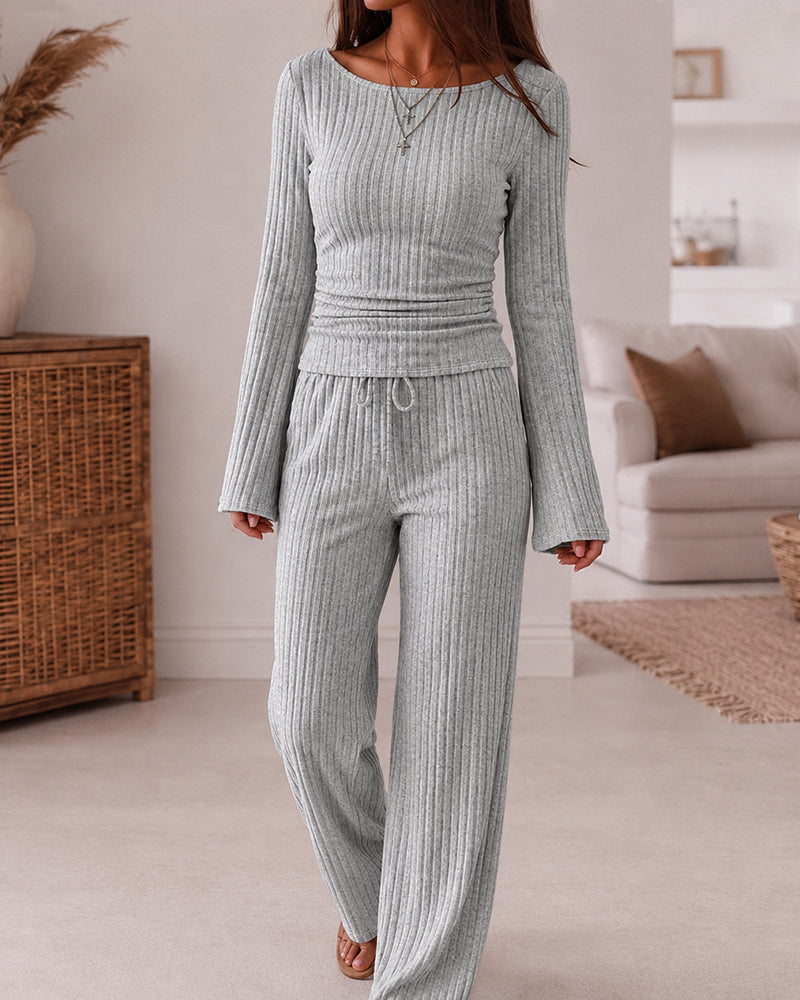 Ribbed Knit Boat-Neck Top and Wide-Leg Trouser Set - Apricot