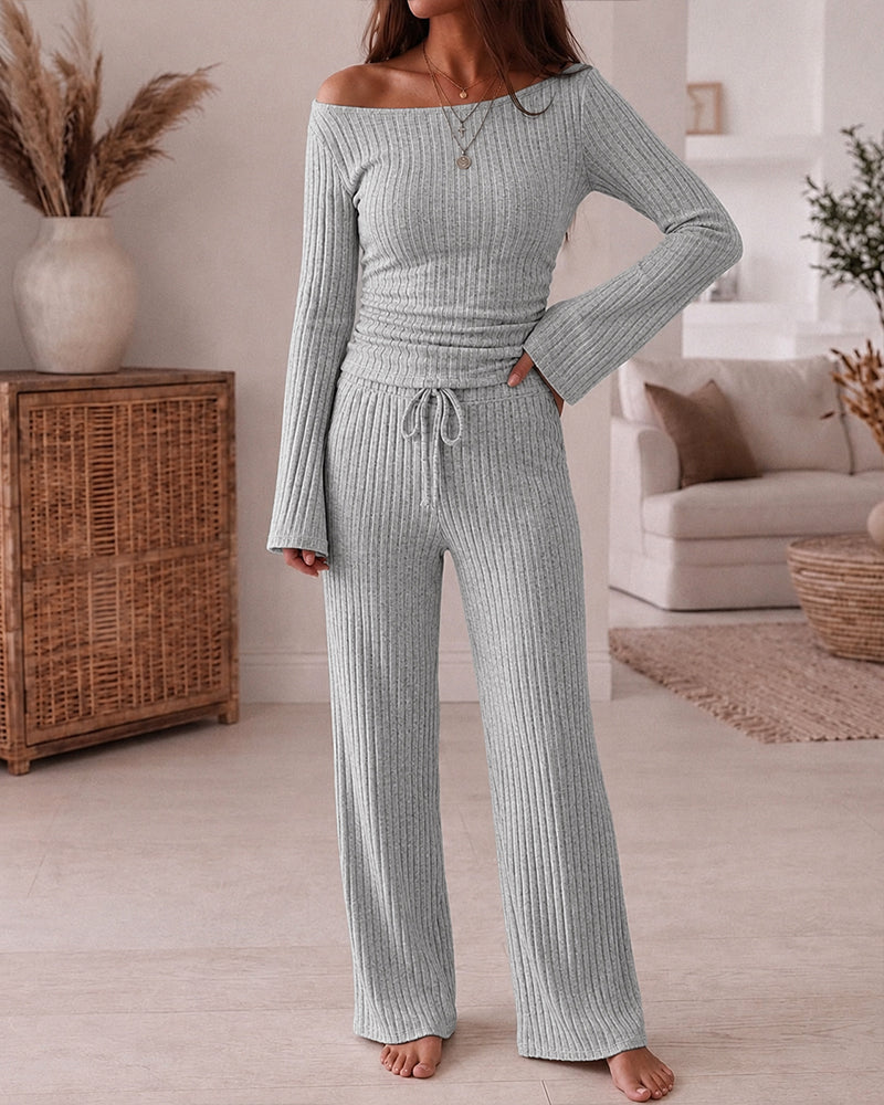 Ribbed Knit Boat-Neck Top and Wide-Leg Trouser Set - Apricot
