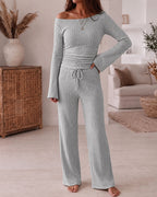 Ribbed Knit Boat-Neck Top and Wide-Leg Trouser Set - Apricot