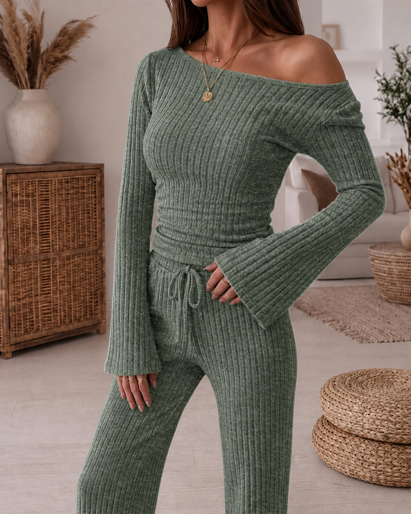 Ribbed Knit Boat-Neck Top and Wide-Leg Trouser Set - Apricot