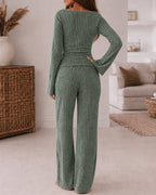 Ribbed Knit Boat-Neck Top and Wide-Leg Trouser Set - Apricot
