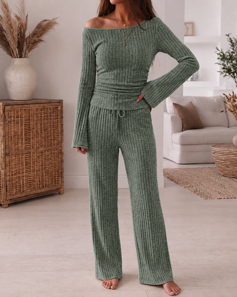 Ribbed Knit Boat-Neck Top and Wide-Leg Trouser Set - Apricot
