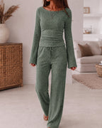 Ribbed Knit Boat-Neck Top and Wide-Leg Trouser Set - Apricot