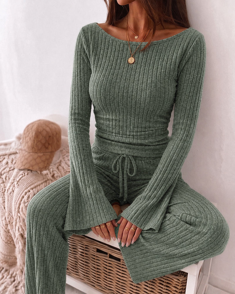 Ribbed Knit Boat-Neck Top and Wide-Leg Trouser Set - Apricot