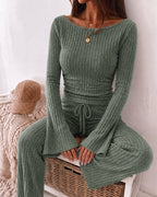 Ribbed Knit Boat-Neck Top and Wide-Leg Trouser Set - Apricot