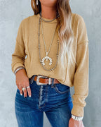 Ribbed Knit Long-Sleeve Top with Front Seam Detail - Khaki