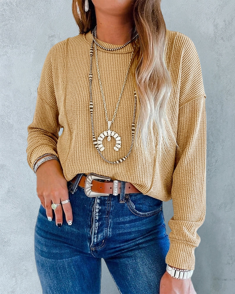 Ribbed Knit Long-Sleeve Top with Front Seam Detail - Khaki