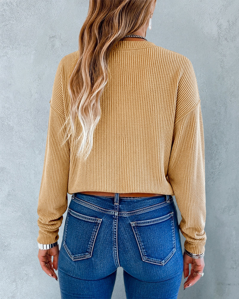 Ribbed Knit Long-Sleeve Top with Front Seam Detail - Khaki