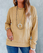 Ribbed Knit Long-Sleeve Top with Front Seam Detail - Khaki