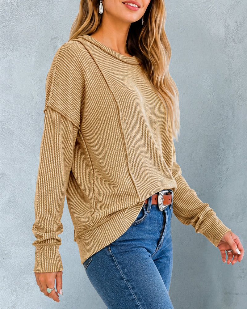 Ribbed Knit Long-Sleeve Top with Front Seam Detail - Khaki