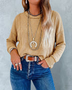 Ribbed Knit Long-Sleeve Top with Front Seam Detail - Khaki