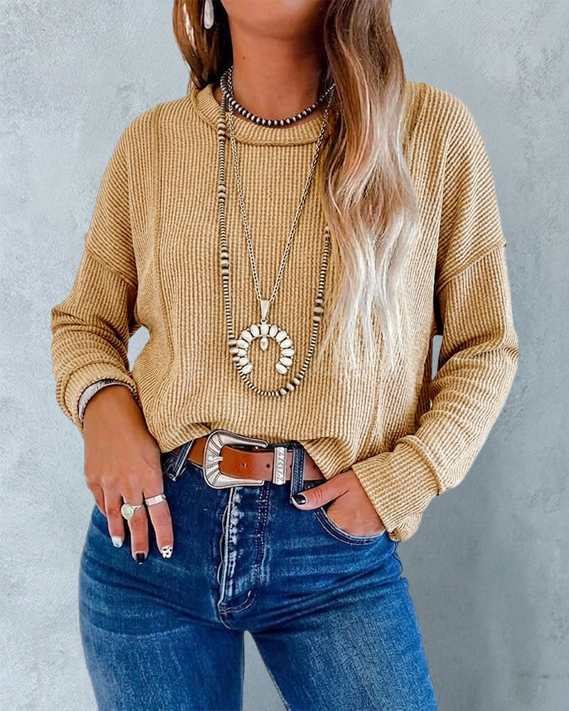 Ribbed Knit Long-Sleeve Top with Front Seam Detail - Khaki