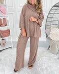 Ribbed Knit Set with Turtleneck Top and Wide Trousers - Brown