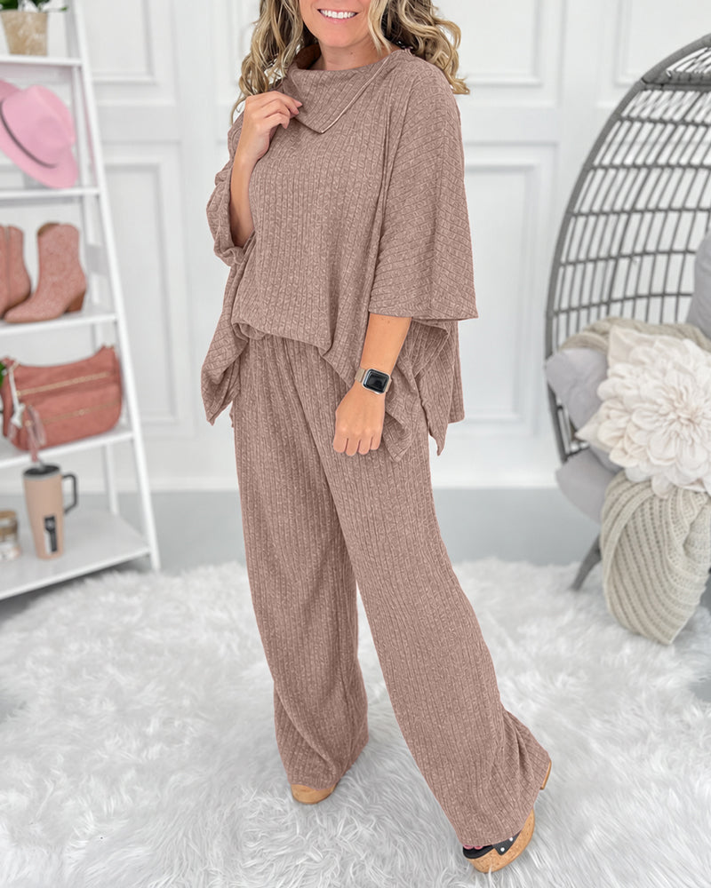 Ribbed Knit Set with Turtleneck Top and Wide Trousers - Brown