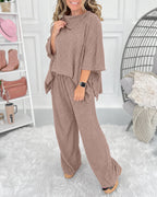 Ribbed Knit Set with Turtleneck Top and Wide Trousers - Brown