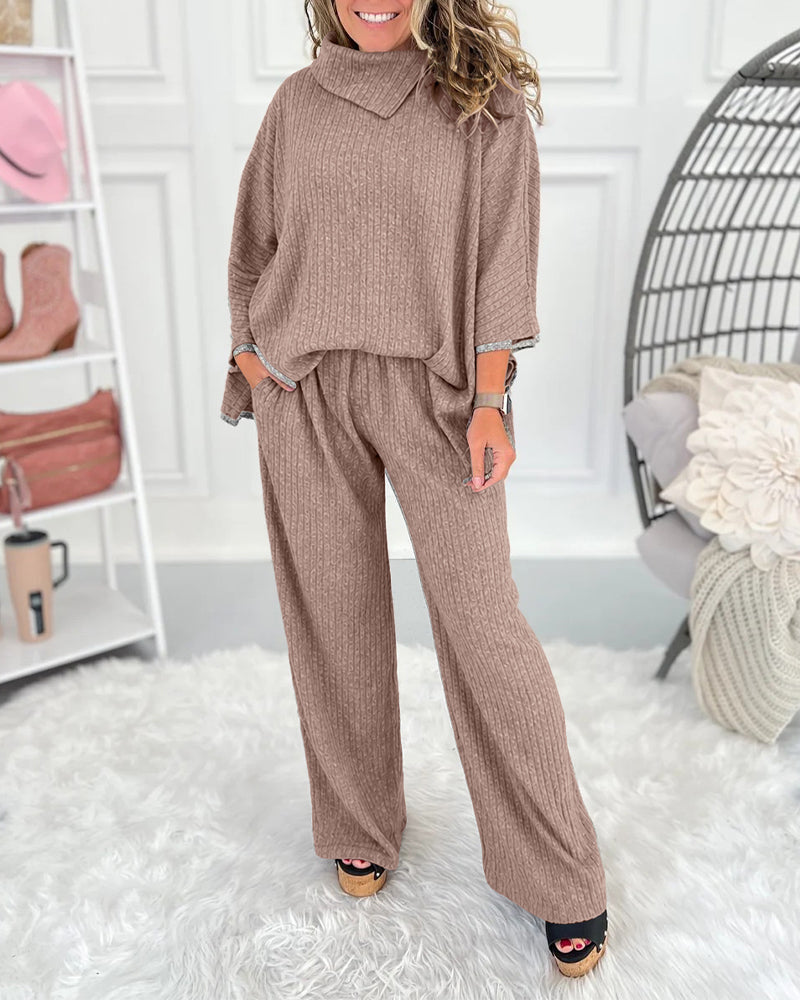 Ribbed Knit Set with Turtleneck Top and Wide Trousers - Brown