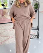 Ribbed Knit Set with Turtleneck Top and Wide Trousers - Brown