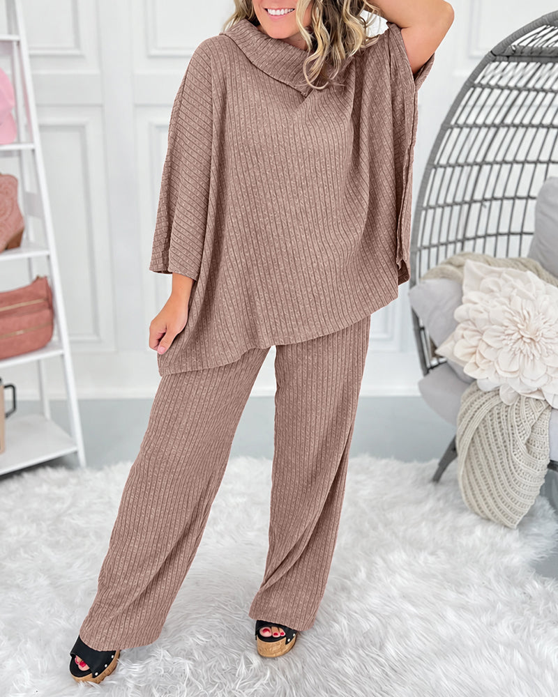 Ribbed Knit Set with Turtleneck Top and Wide Trousers - Brown