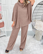 Ribbed Knit Set with Turtleneck Top and Wide Trousers - Brown