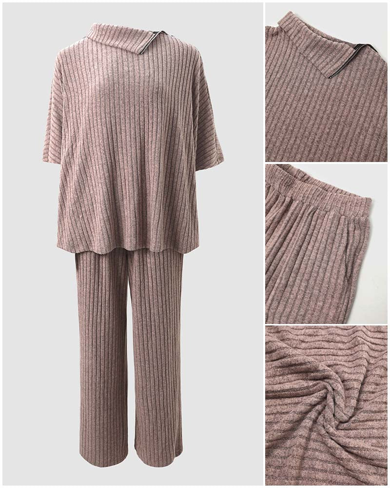 Ribbed Knit Set with Turtleneck Top and Wide Trousers - Brown