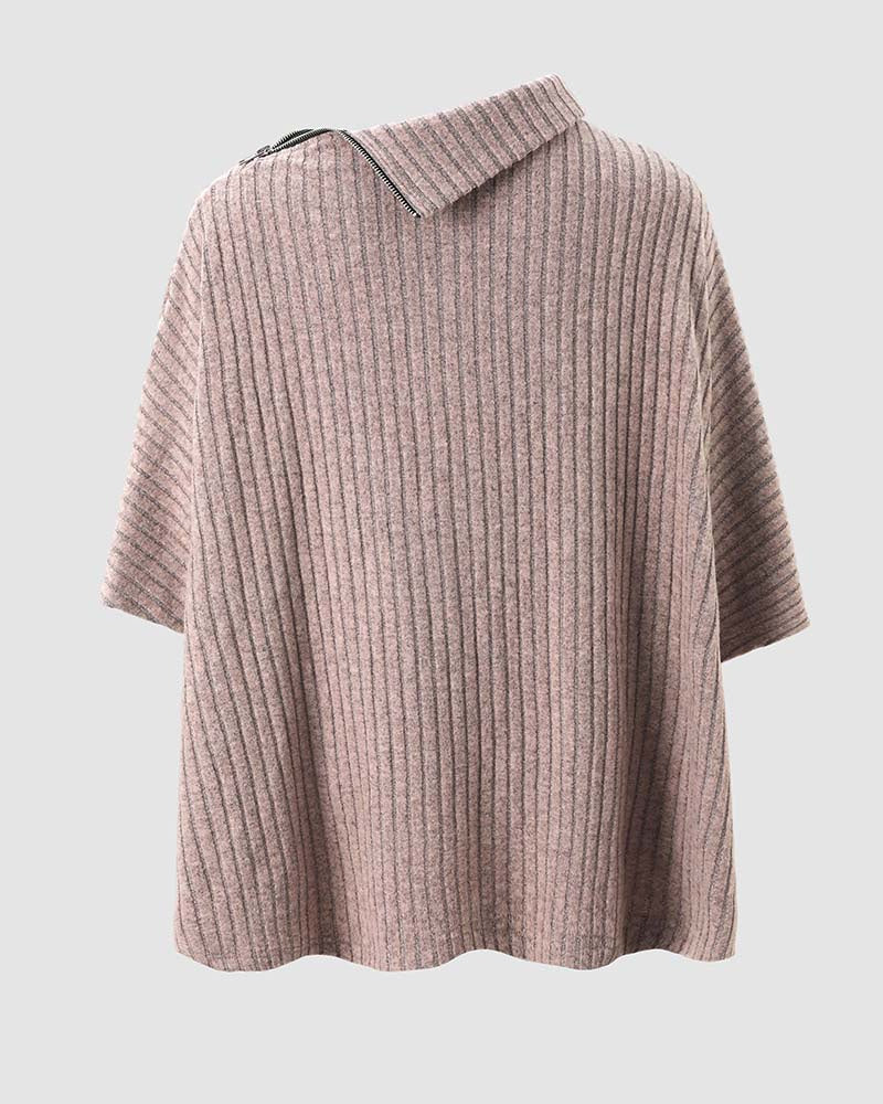 Ribbed Knit Set with Turtleneck Top and Wide Trousers - Brown