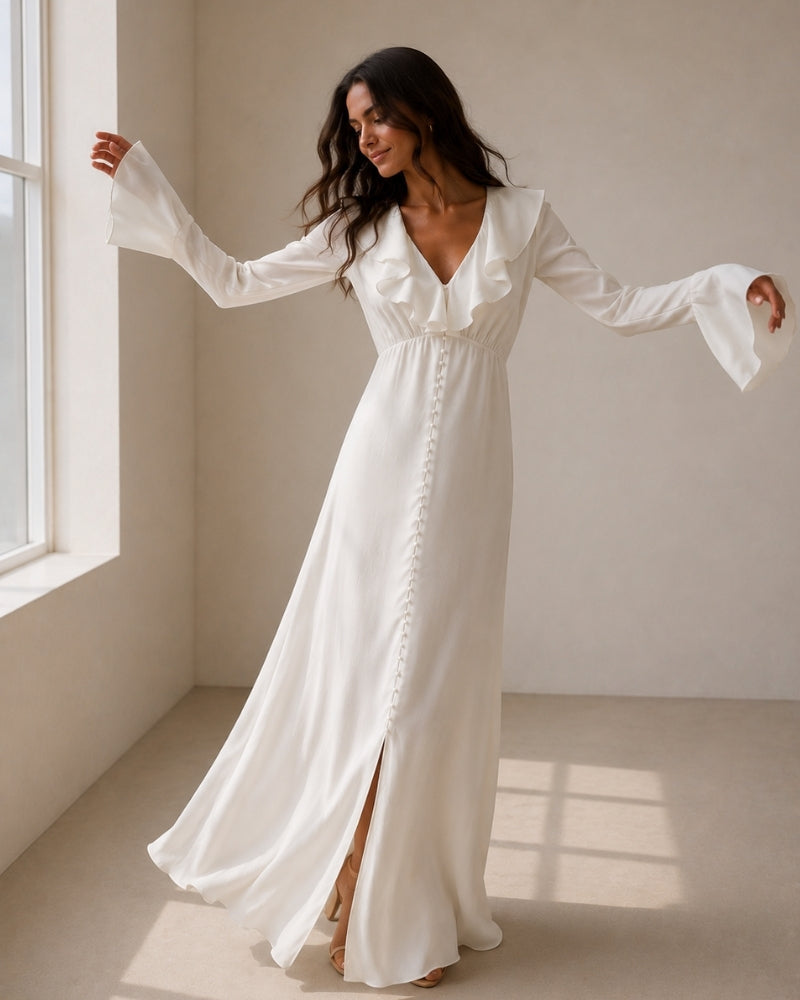 Ruffle Neck Midi Dress with Flared Sleeves and Pearl Buttons