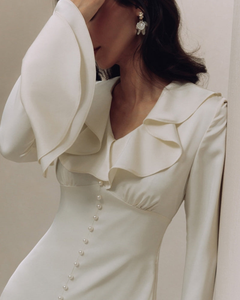 Ruffle Neck Midi Dress with Flared Sleeves and Pearl Buttons