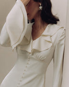 Ruffle Neck Midi Dress with Flared Sleeves and Pearl Buttons