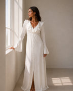 Ruffle Neck Midi Dress with Flared Sleeves and Pearl Buttons
