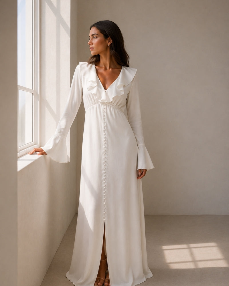Ruffle Neck Midi Dress with Flared Sleeves and Pearl Buttons